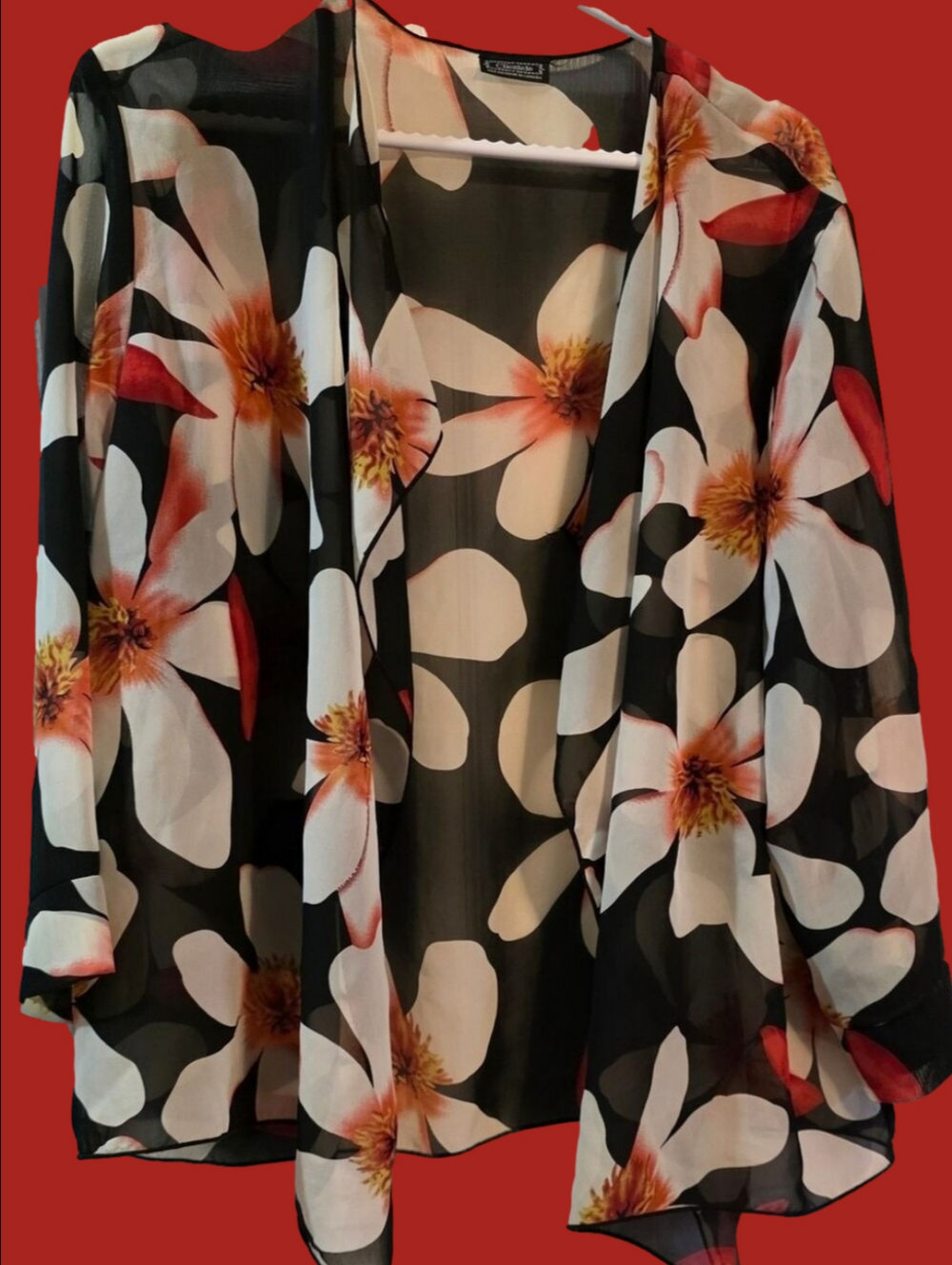 4/$67 Deal! Clientele Sheer Black Floral Kimono Blouse with White & Coral Blooms